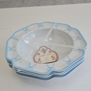 NWT Shabby Chic Set Of 4 Melamine Salad Pasta Bowls Blue White Coquettte Bows